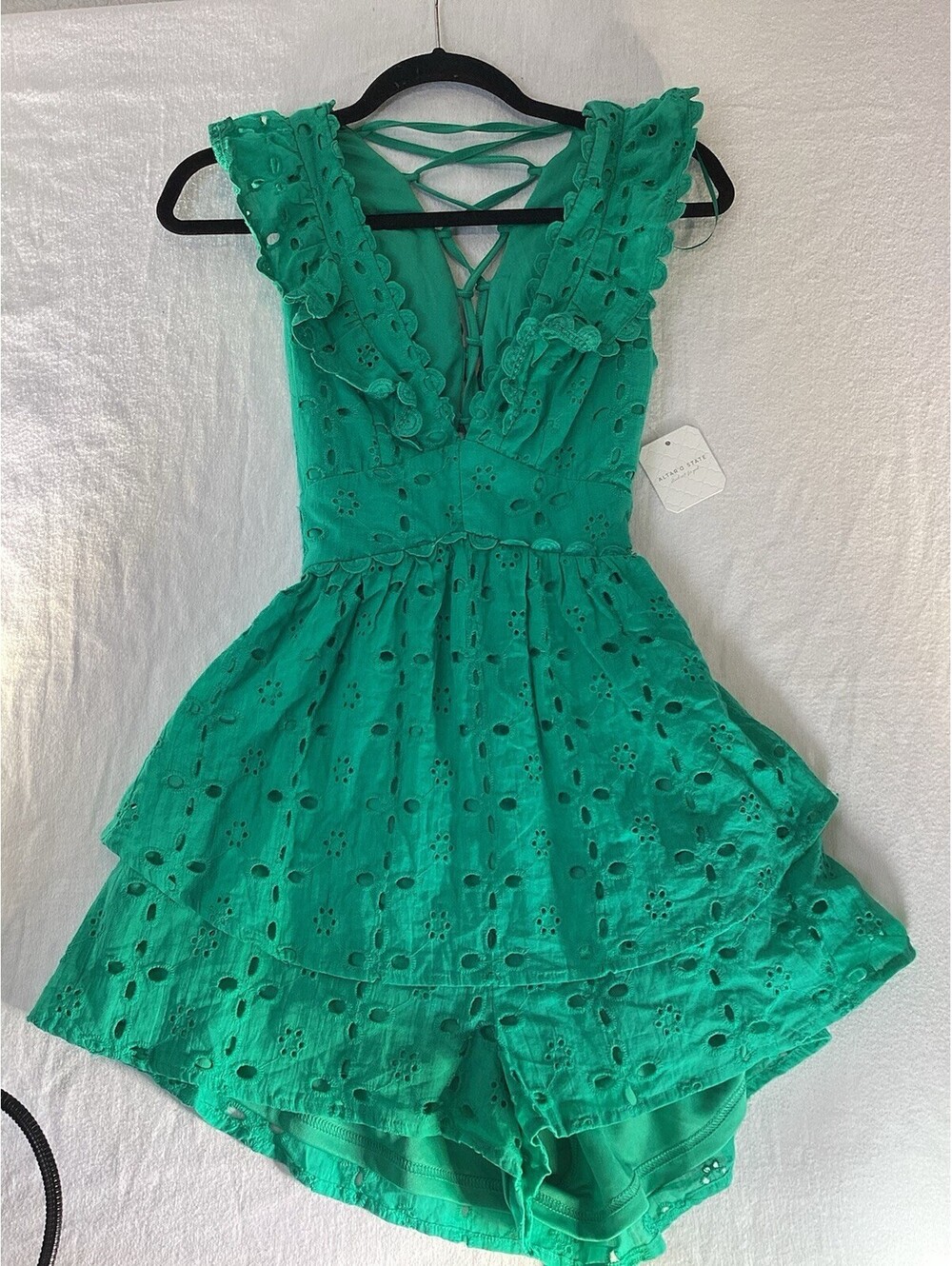 Altar'd State Blue Cotton green Eyelet Ruffle Lace-Up Back Romper V-Neck XS